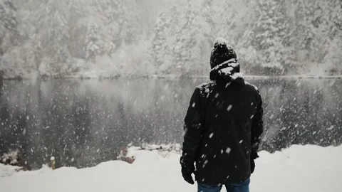 Back view of the man in winter clothes during the snowfall near lake Blausee Stock Footage 224744281