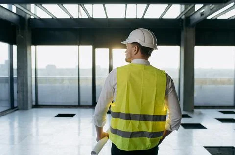 Back view of man in work vest standing on territory construction area. An a.. Foto stock