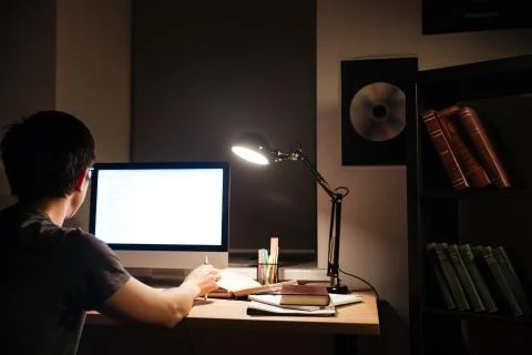 Back view of man working with blank screen computer 스톡 사진