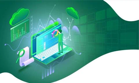 Back View of Man working with laptop and business equipments and applicatio.. Stock Illustration