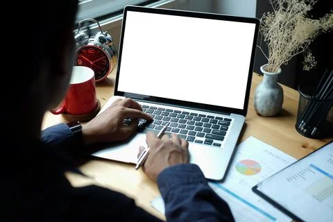 Back view of man working online with laptop computer. Foto stock