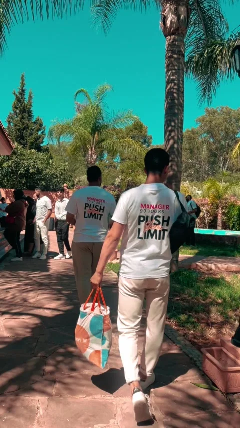 Back View of Men in Motivational T-Shirts Walking in Palm Garden Stock Footage 318848513