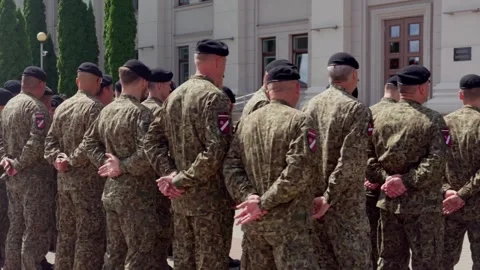 Back view of military troops standing in formation outside university in Stock Footage 341392343