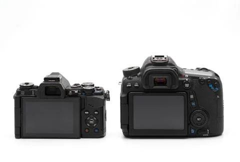 Back View of Mirrorless Camera and DSLR Camera Isolated on White Background Stockfoto's