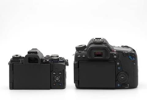 Back View of Mirrorless Camera and DSLR Camera Isolated on White Background Stockfoto's