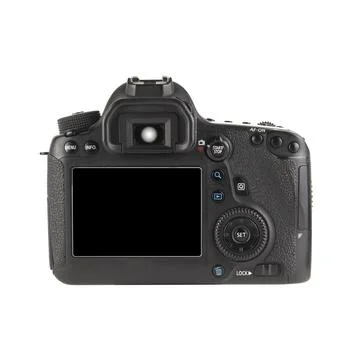 Back view of modern DSLR camera isolated on a white background Stock Photos