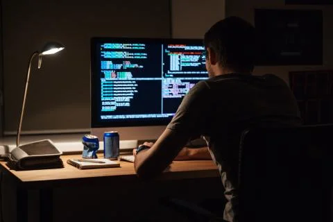 Back view of modern programmer sitting and writing code Stock Photos