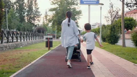 Back view of mom pushing stroller and holding preschooler's hand Video stock 201113219