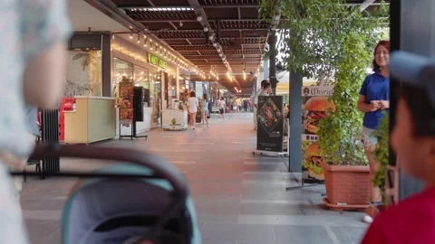 Back view of mom pushing stroller and preschooler walking near her on the street Stock Footage 201113721