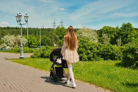 Back view of mother pushing stroller on path in park under clear sky in aft.. Фото