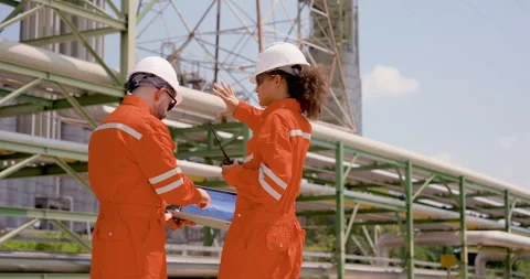 Back view of multiracial male technician and Asian female engineer reviewing Vidéo 334828661