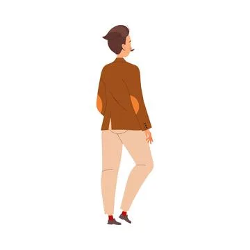 Back View of Mustached Man Character in Brown Jacket Walking Vector Illustration Stock Illustration