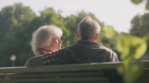 Back view of old couple sitting on bench Stock Footage 114131116