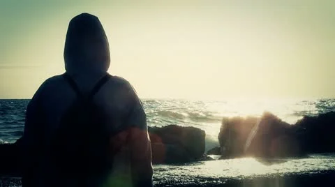 Back view of a person looking to the sea Stock Footage 10708974