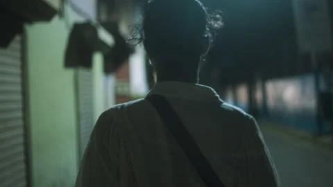 Back View of Person Walking Alone on Dimly Lit Urban Street at Night Stock Footage 341374887