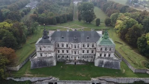 Back view of Pidhirtsi Castle and panoramic view of Pidhirtsi village from drone Stock Footage 171922848