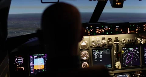 Back view of pilot taking off and flying an airplane at dusk. The pilot fixes Stock Footage 241819023