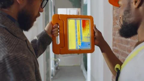 Back view of professional construction team using infrared camera on tablet Stock Photos