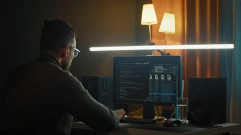 Back view of professional hacker making cyber attack on network of the Bank. Spy Stock Footage 169999078