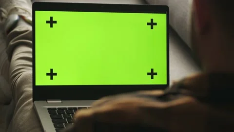 Back view of programmer look at green screen laptop at home. Young man work from Stock Footage 229642851