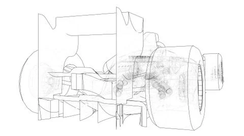 Back view race car. Abstract drawing. Tracing illustration of 3d. Stock Illustration