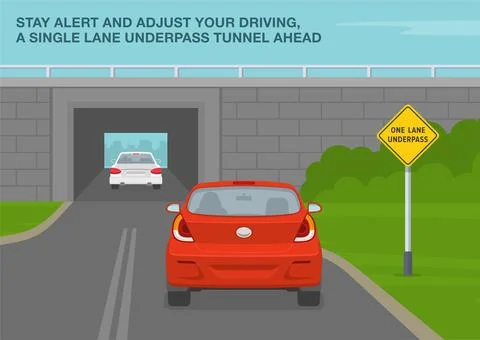 Back view of a red car approaching the single lane tunnel. One lane underpass Stock Illustration