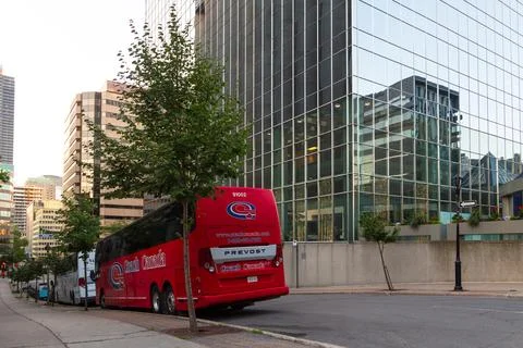 Back view of a red Coach Canada Prevost bus Stock Photos