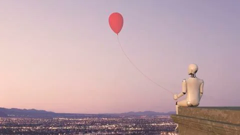 Back view of robot sitting on edge of a roof with a balloon, 3D Rendering イラスト素材
