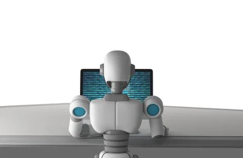 Back view of robot using a computer with binary data number code screen isola 库存插图