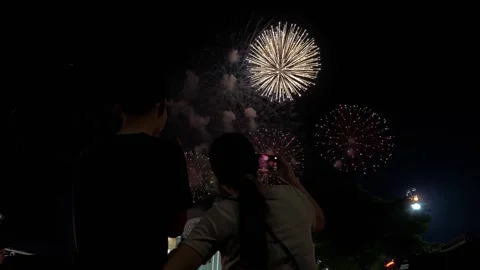 Back View of Romantic Young Couple Watching Fireworks at Night Stock Footage 345962584