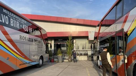 Back View of a Row of Buses (Rosalia Indah) in the Subang Rest Area Stock Photos