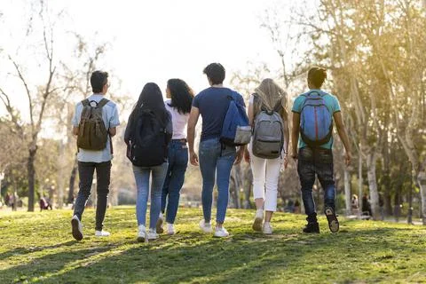 Back view of a row of young multi-ethnic students walking together in the park Stock Photos