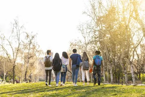 Back view of a row of young multi-ethnic students walking together in the park Stock Photos
