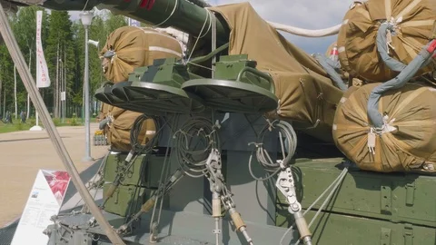 Back view of russian howitzer with parachuting system on it Stock Footage 99425999