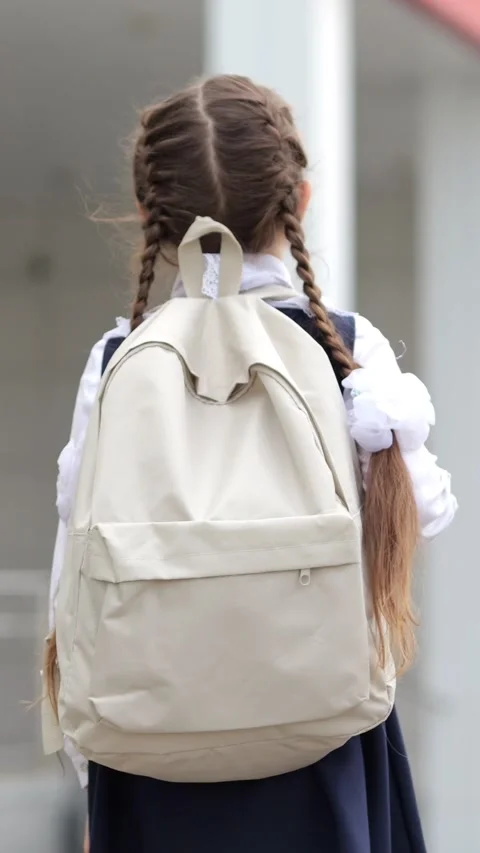 Back View Schoolgirl With Backpack, Caucasian Child Standing By School Entrance Video stock 341442438