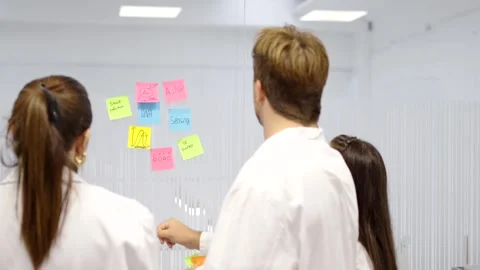 Back view of scientists sticking notes on wall Stock Footage 255196288