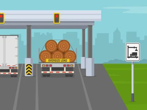 Back view of a semi trailer and logging truck at inspection station. Stock Illustration