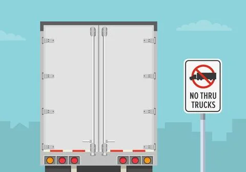 Back view of a semi-trailer at "No thru trucks" sign area. Stock Illustration