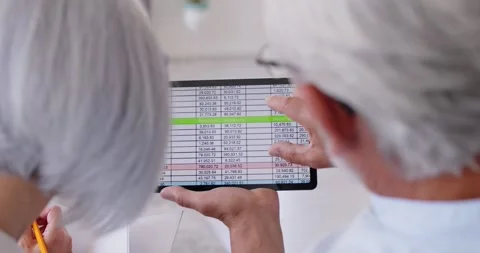 Back view of senior couple looking through spreadsheet on screen, calculating Stock Footage 311276214