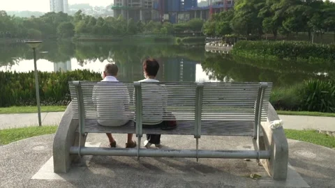 Back view of senior couple sitting on bench in a park overlooking a lake. Video stock 152116003