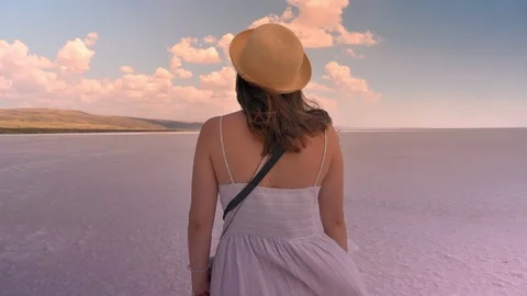 Back view shoot of young female traveler in dress walking by the pink salt Stock Footage 106377111