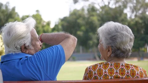 Back view shot of a retired old couple happily talking to each other in a park Video stock 124575159