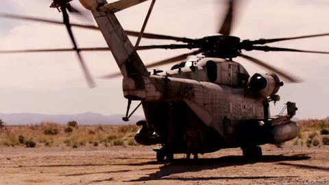 Back View Shot of a U.S. Super Stallion Helicopter in Slow Motion Stock Footage 130359588