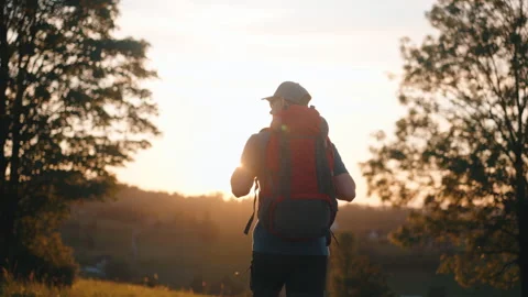 Back view silhouette of man walking on meadow hilly area, warm sunrise light Stock Footage 282448801