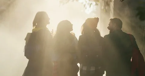 Back view on the silhouettes of the four young male and female hipsters students Stock Footage 99034354