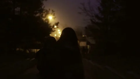 Back view of single mother holds her little son in hand and walking in the night Stock-Footage 80272009