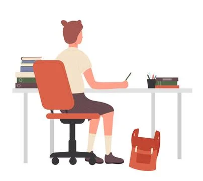 Back view of sitting nerd girl at school table 스톡 일러스트