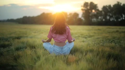 Back view of slender young woman sitting on yoga mat in lotus position in the Stock Footage 199099627