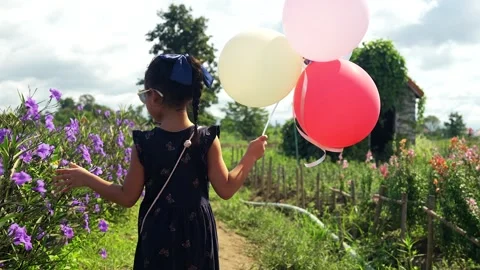 Back view small child walking along Blossom Ruellia squarrosa field. Stockbeeldmateriaal 253176193