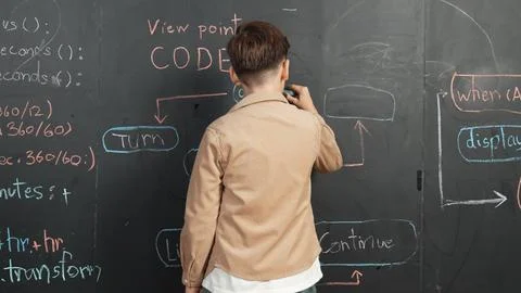 Back view of smart boy writing engineering prompt on blackboard. Erudition. Stock-Fotos